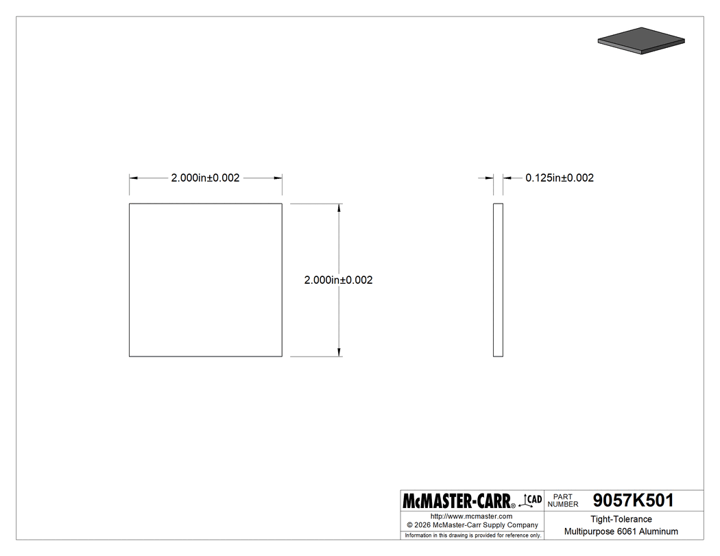 Technical Drawing of Tight-Tolerance Multipurpose 6061 Aluminum, Precision Ground on All Sides, 2" x 2" x 1/8" Thick.